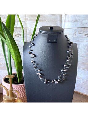 Black Pearl Multi Strand Floating Necklace Sterling Silver 925 Layered 18"L